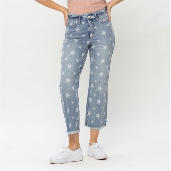 JUDY BLUE 28 High Waist Lt. Blue Bleach Star Print Cropped Straight Jean Stretch - Picture 1 of 16